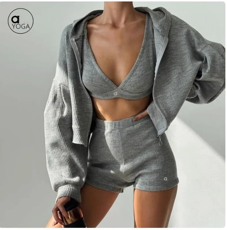 A578 Women Solid Color Sports Slim Wears Shorts Flower Sweater Séter de manga larga con capucha