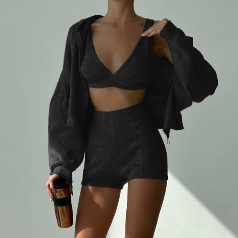 A578 Women Solid Color Sports Slim Wears Shorts Flower Sweater Séter de manga larga con capucha