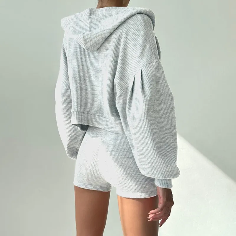 A578 Women Solid Color Sports Slim Wears Shorts Flower Sweater Séter de manga larga con capucha