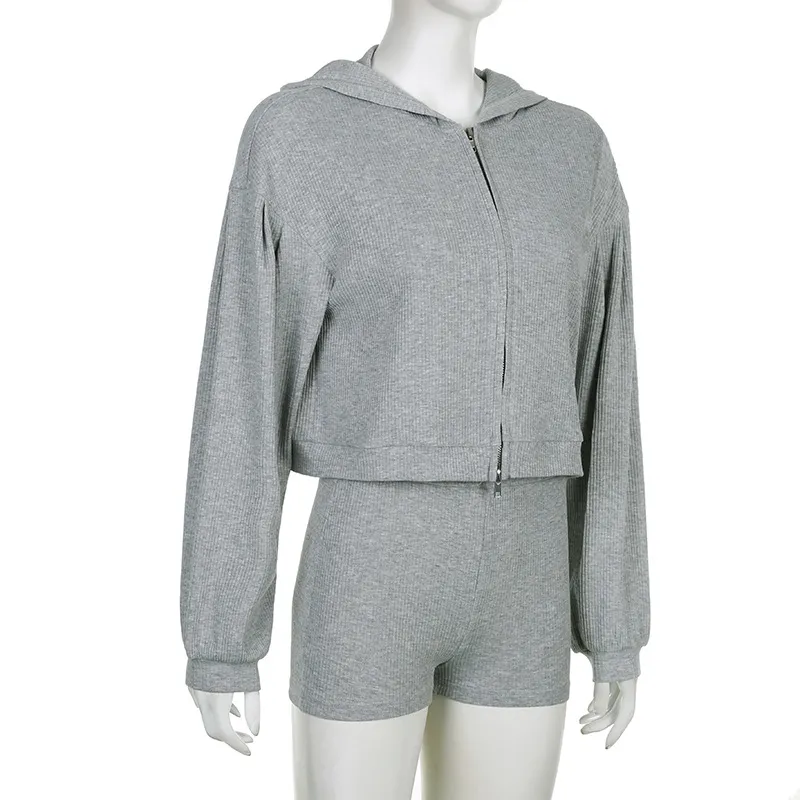 A578 Women Solid Color Sports Slim Wears Shorts Flower Sweater Séter de manga larga con capucha