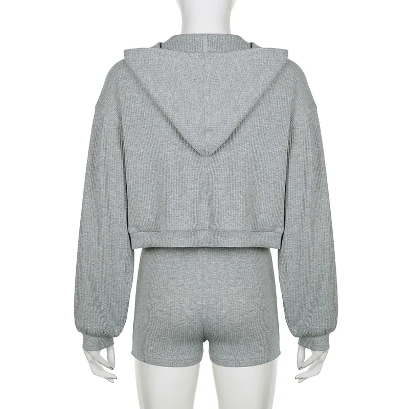 A578 Women Solid Color Sports Slim Wears Shorts Flower Sweater Séter de manga larga con capucha