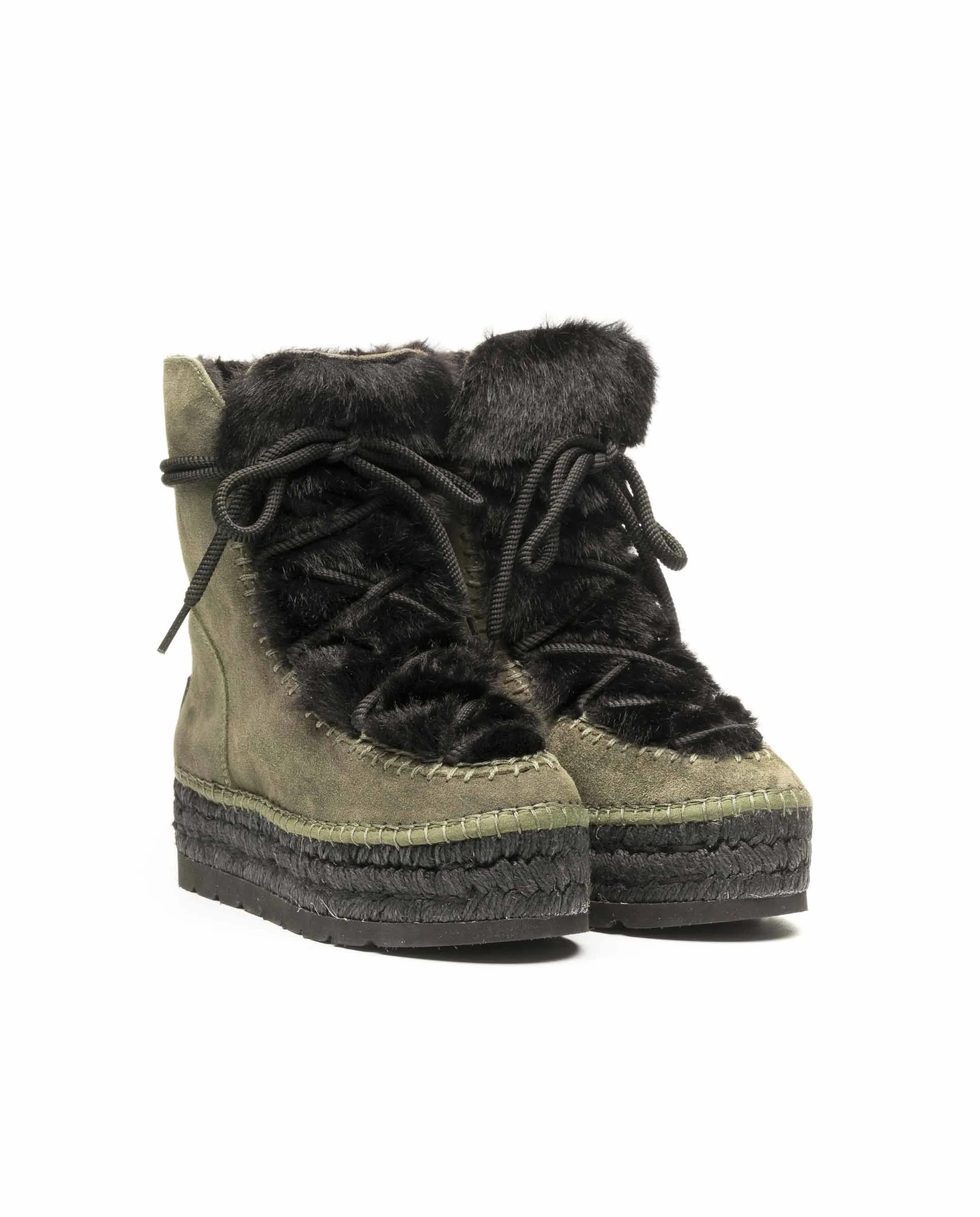 Botin con pelo en serraje kaki Merce Doble