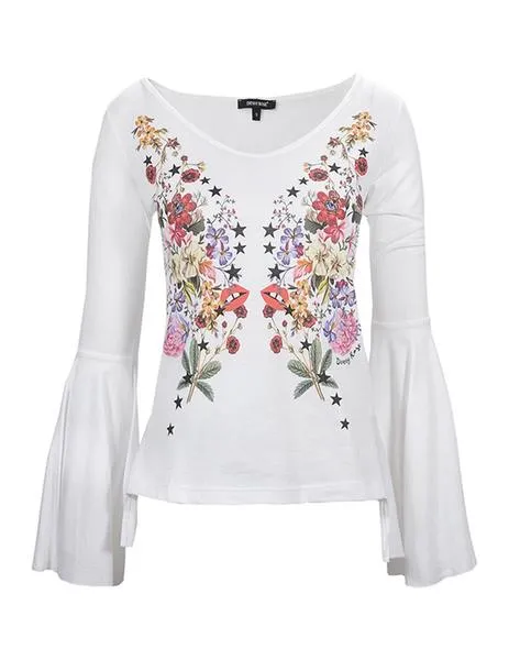 camiseta flores manga trompeta