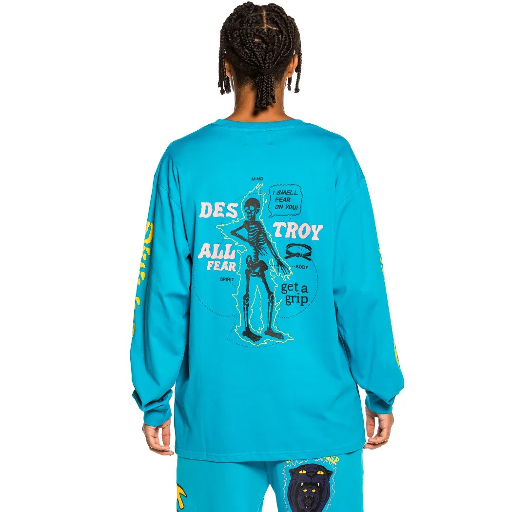 CAMISETA GRIMEY MANGA LARGA UNISEX  “DESTROY ALL FEAR” – BLUE | FALL 21 REF. GLS139BLU AZUL ESQUELETO