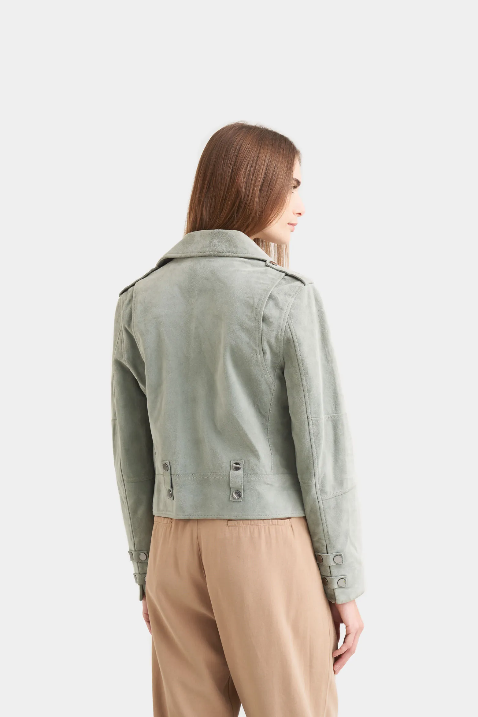 Chaqueta biker en cuero gamuza para mujer fit ajustado