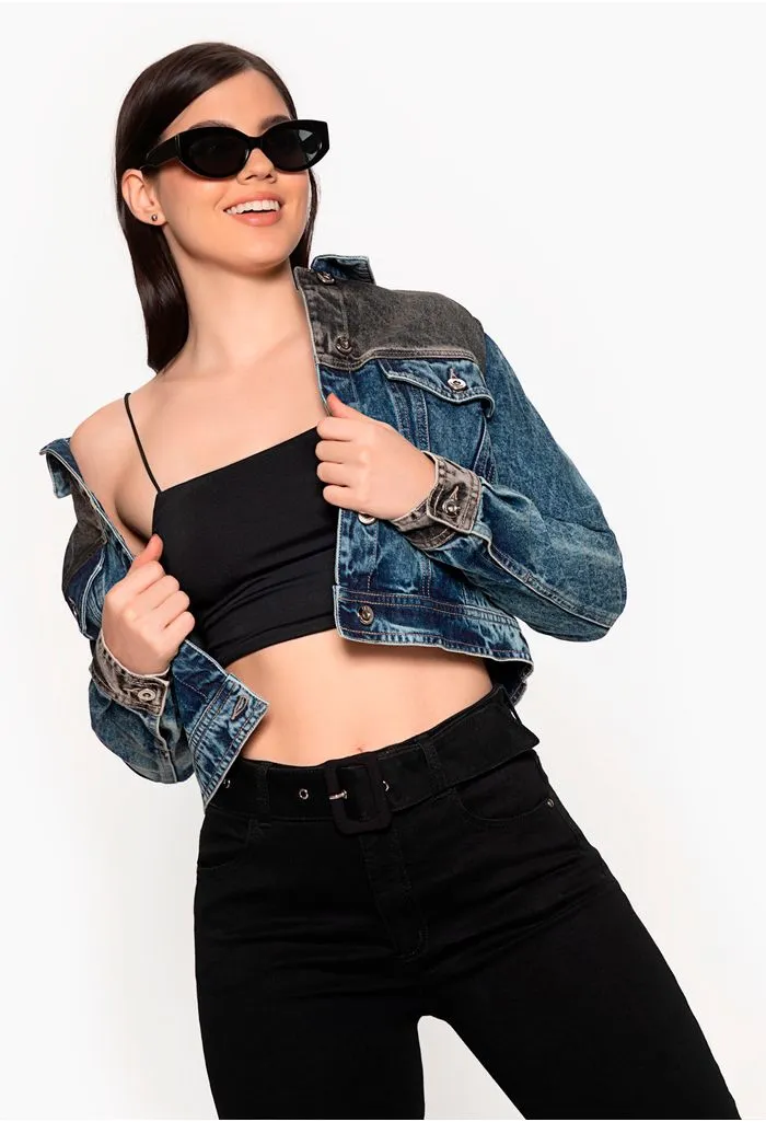 Chaqueta mujer en denim bicolor