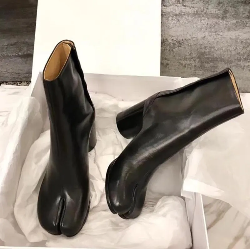 Diseño Tabi Boot Split toe Chunky High Heel Mujer Botas Cuero Zapatos Mujer Moda Otoño Mujer Zapatos Botas Mujer1