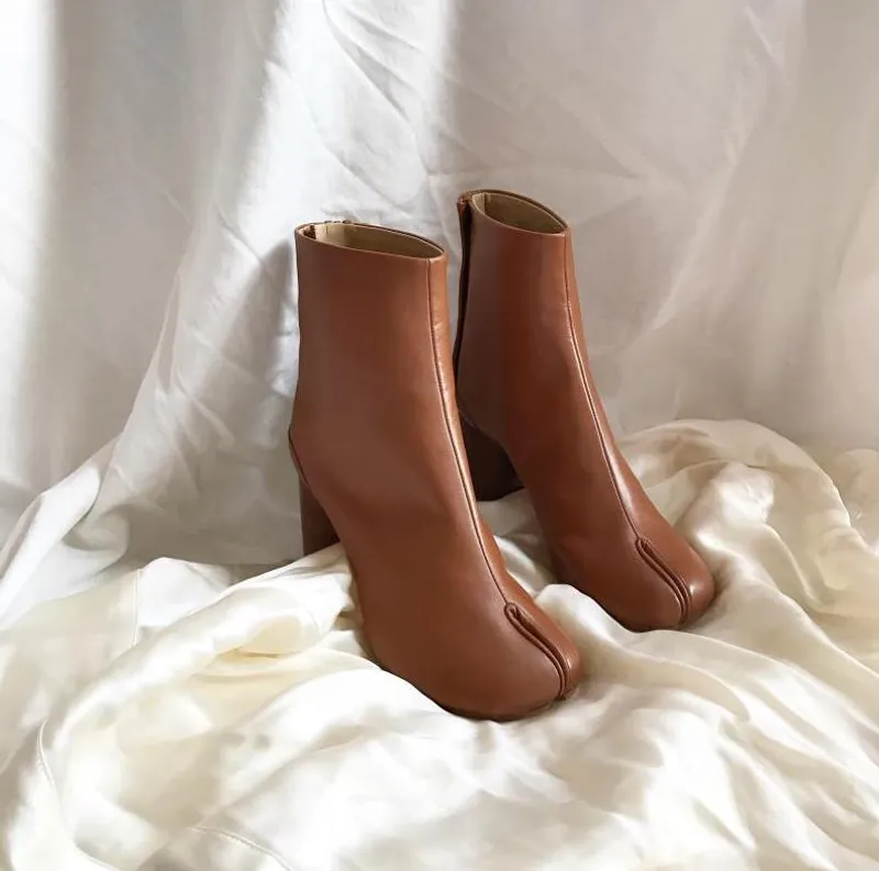 Diseño Tabi Boot Split toe Chunky High Heel Mujer Botas Cuero Zapatos Mujer Moda Otoño Mujer Zapatos Botas Mujer1