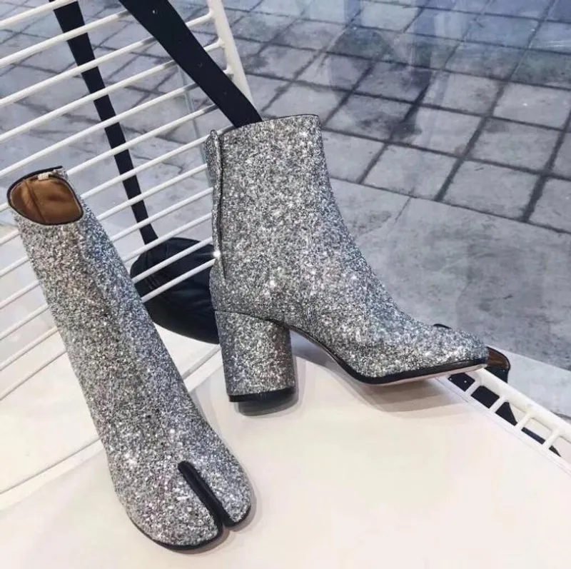 Diseño Tabi Boot Split toe Chunky High Heel Mujer Botas Cuero Zapatos Mujer Moda Otoño Mujer Zapatos Botas Mujer1