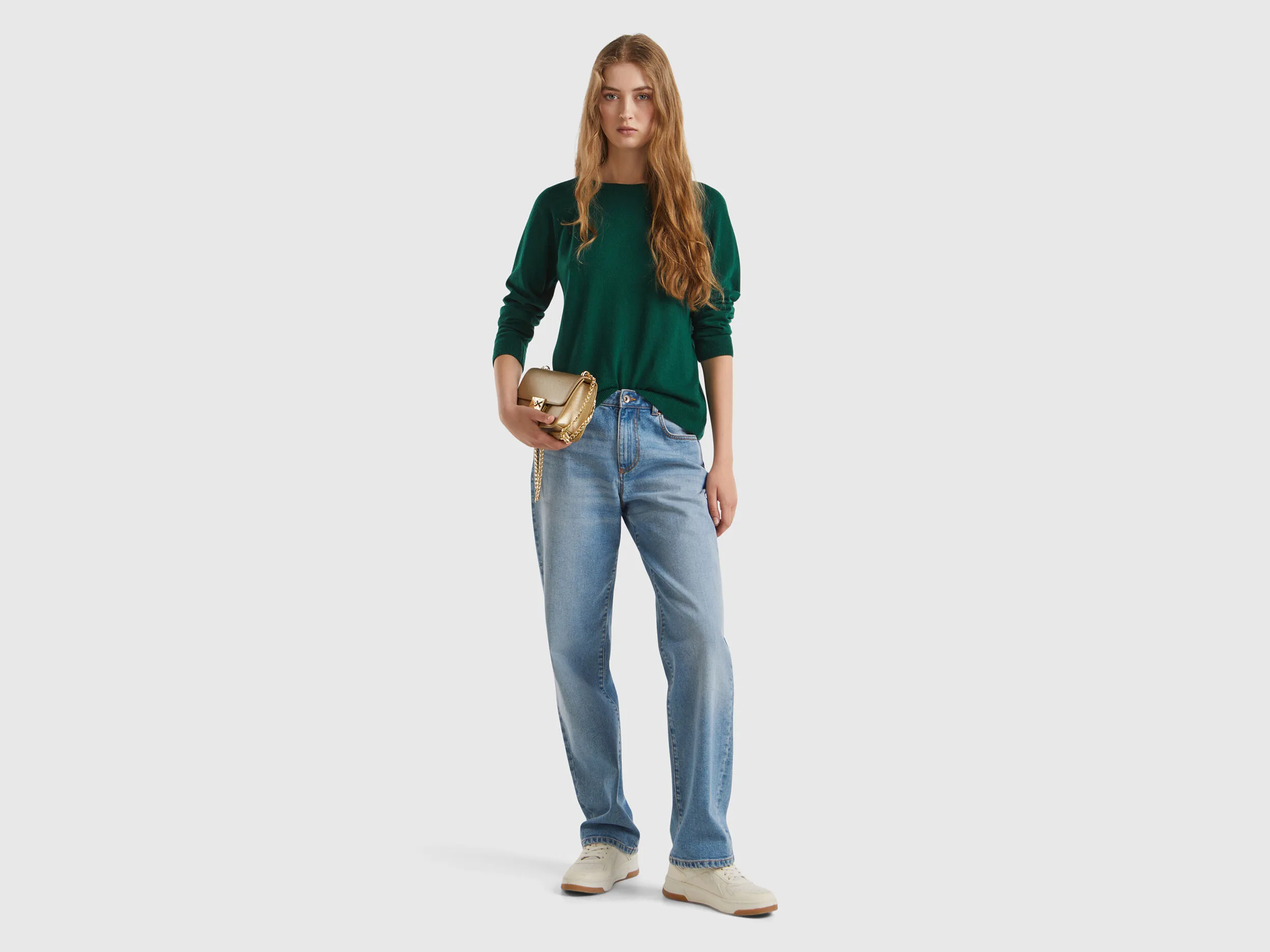 Jersey cuello redondo verde bosque en mezcla de lana y cachemira