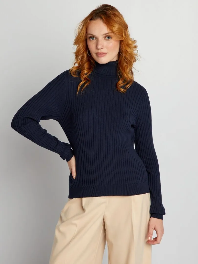 JERSEY DE PUNTO DE CANALé CON CUELLO ALTO  AZUL