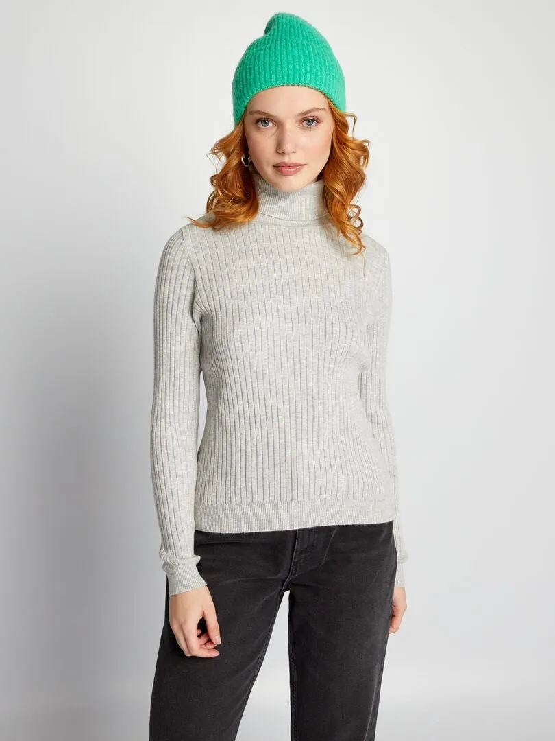 JERSEY DE PUNTO DE CANALé CON CUELLO ALTO  GRIS