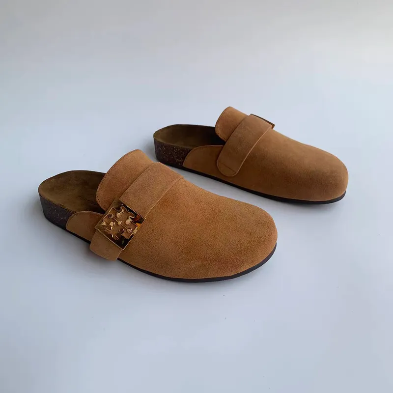 Nuevos zapatos para mujeres Tacón plano Baotou Lefu zapatillas Cómodas de fondo plano de cuero de cuero de cuero de cuero mate