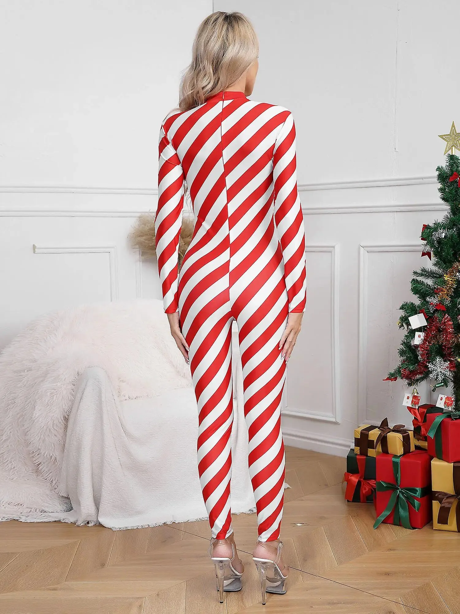 Otwoo Traje de bastón de caramelo navideño para mujer Disfraz Cuello alto Manga larga Espalda Cremallera Contraste Mono unitario