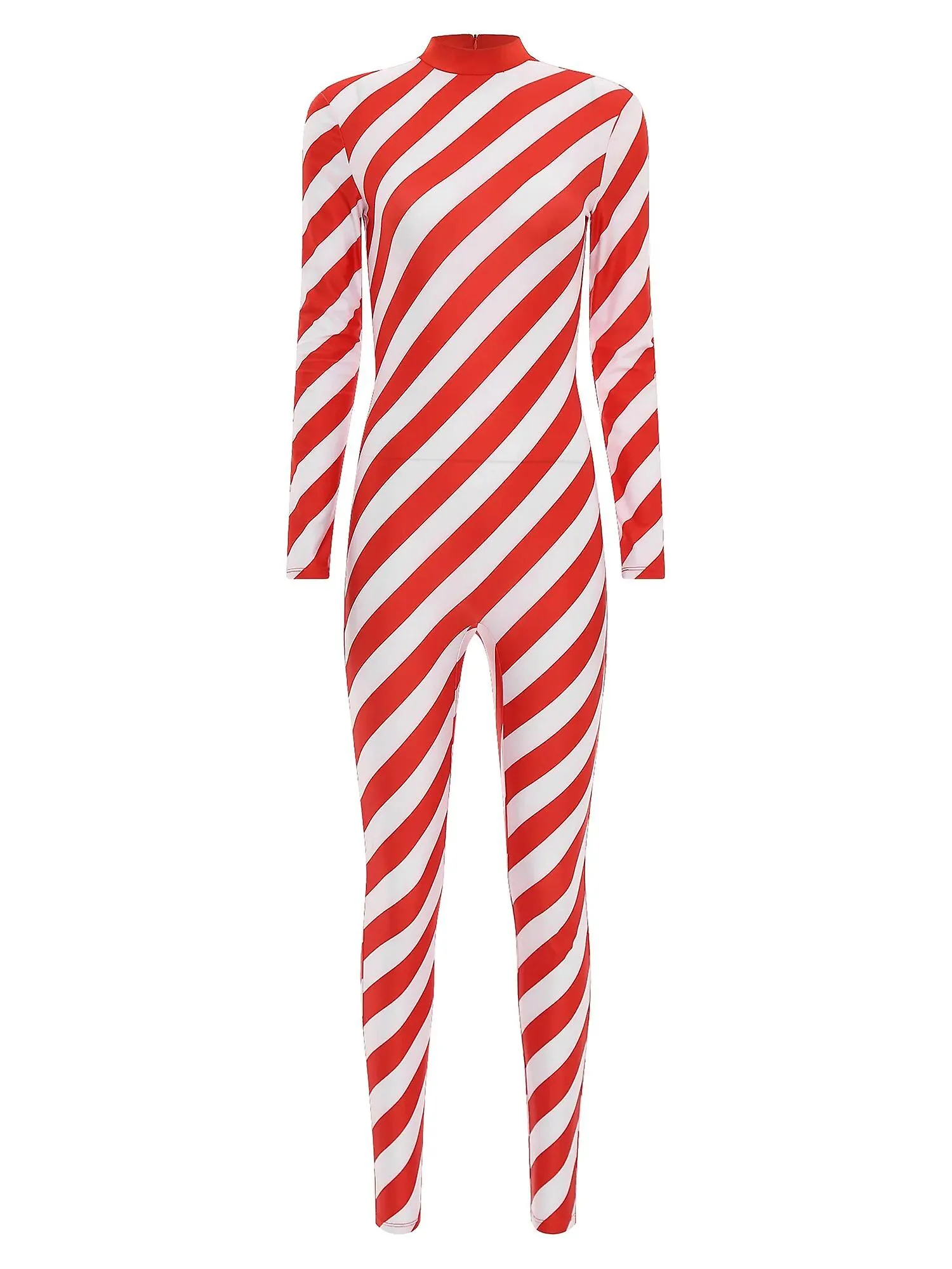Otwoo Traje de bastón de caramelo navideño para mujer Disfraz Cuello alto Manga larga Espalda Cremallera Contraste Mono unitario