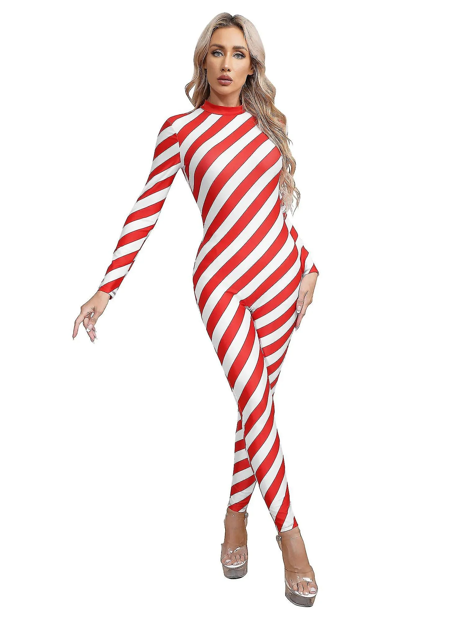 Otwoo Traje de bastón de caramelo navideño para mujer Disfraz Cuello alto Manga larga Espalda Cremallera Contraste Mono unitario