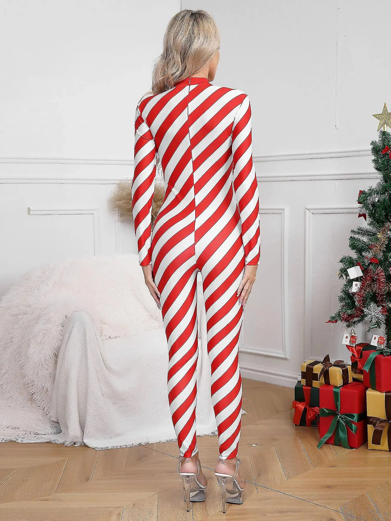 Otwoo Traje de bastón de caramelo navideño para mujer Disfraz Cuello alto Manga larga Espalda Cremallera Contraste Mono unitario