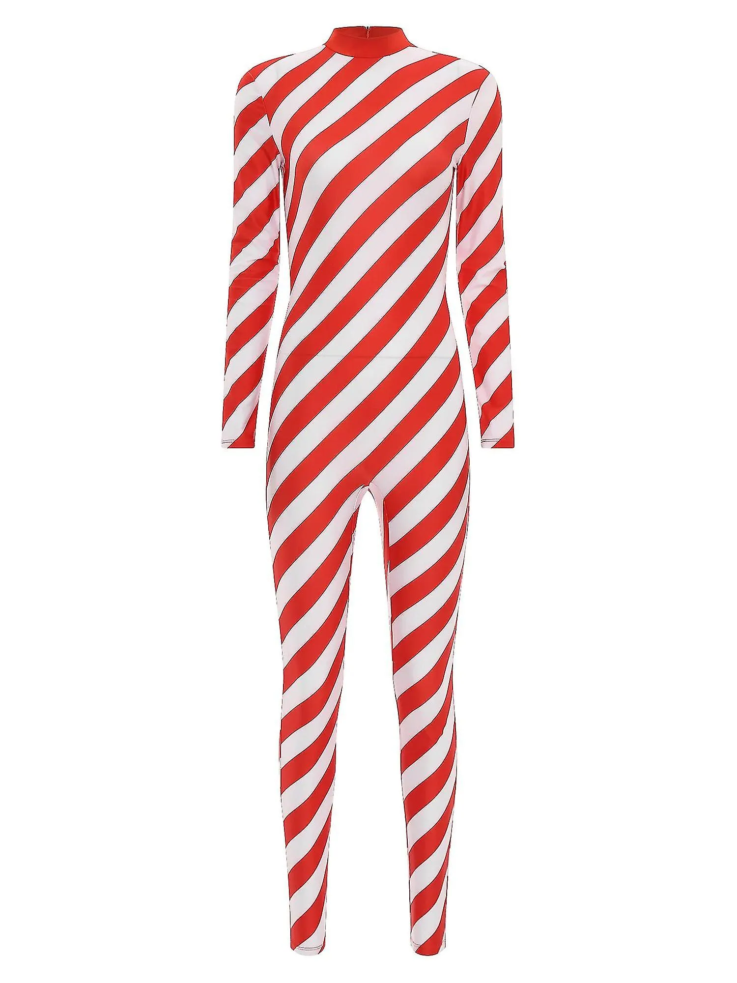 Otwoo Traje de bastón de caramelo navideño para mujer Disfraz Cuello alto Manga larga Espalda Cremallera Contraste Mono unitario
