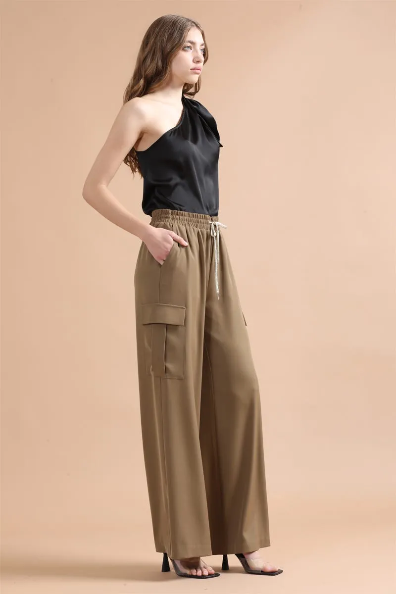 PANTALON ANCHO CARGO TIRO ALTO, CAMEL