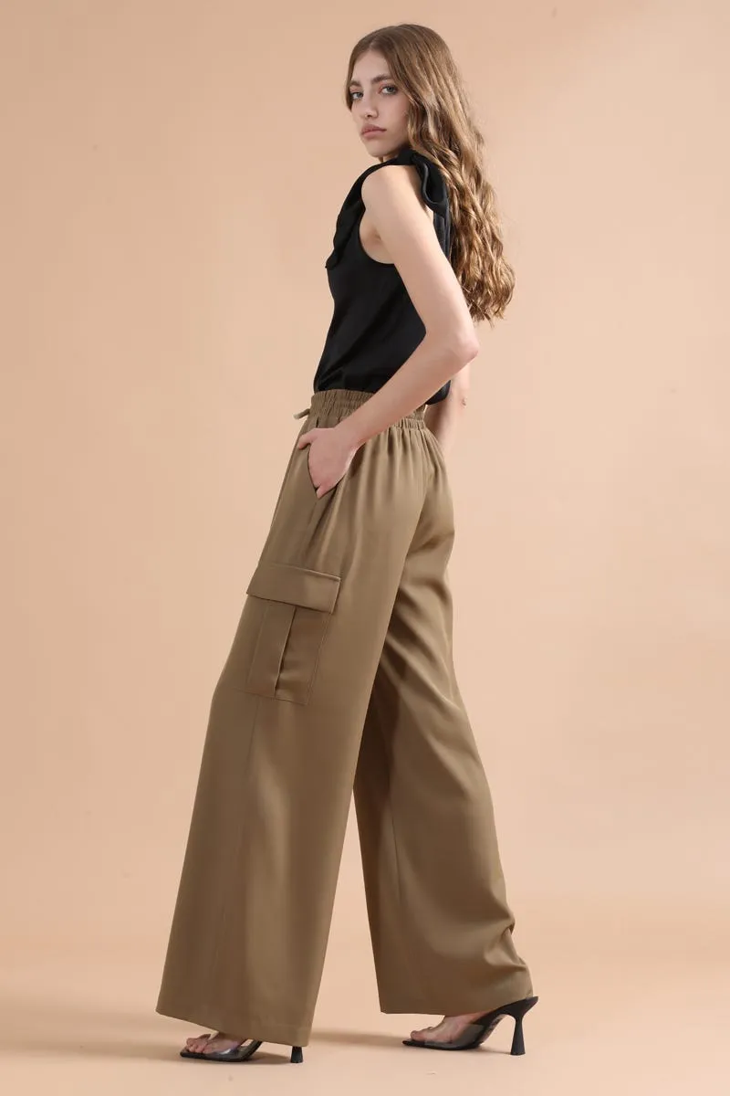PANTALON ANCHO CARGO TIRO ALTO, CAMEL
