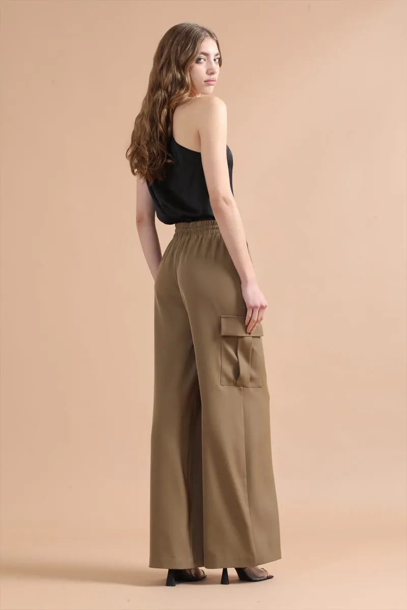 PANTALON ANCHO CARGO TIRO ALTO, CAMEL