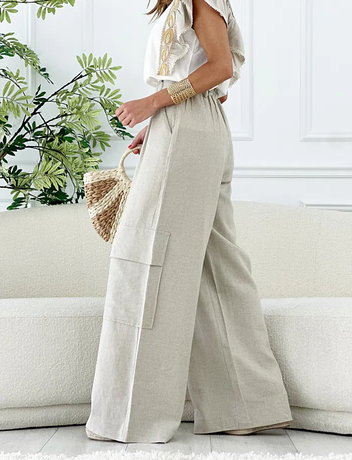 Pantalon cargo lino piedra