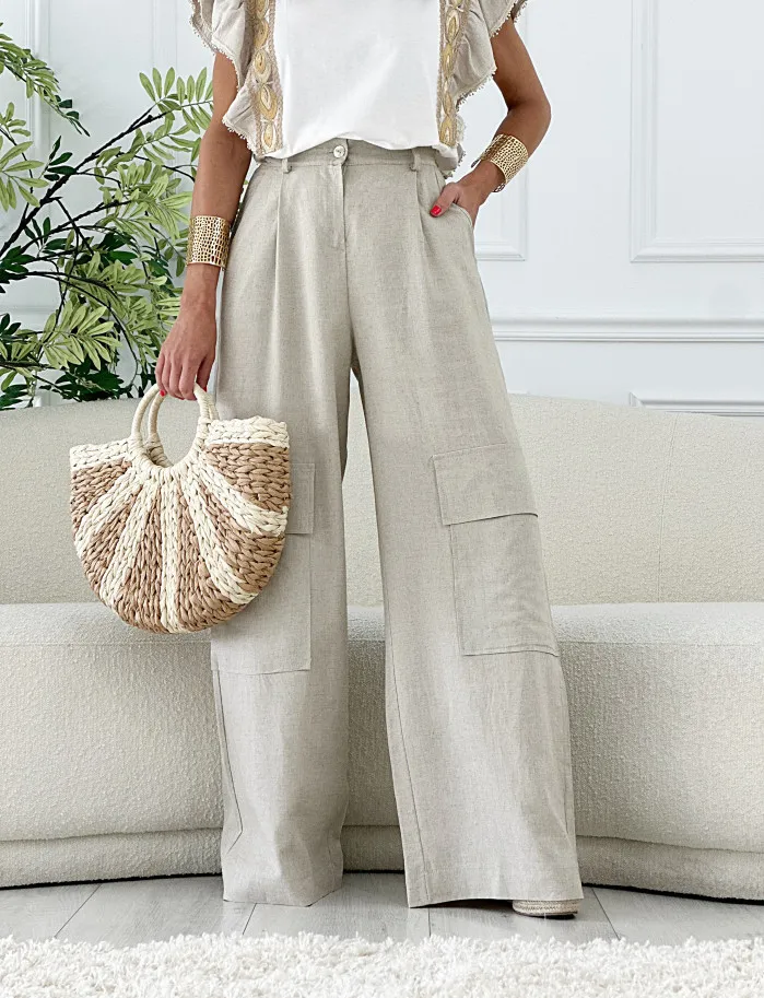 Pantalon cargo lino piedra