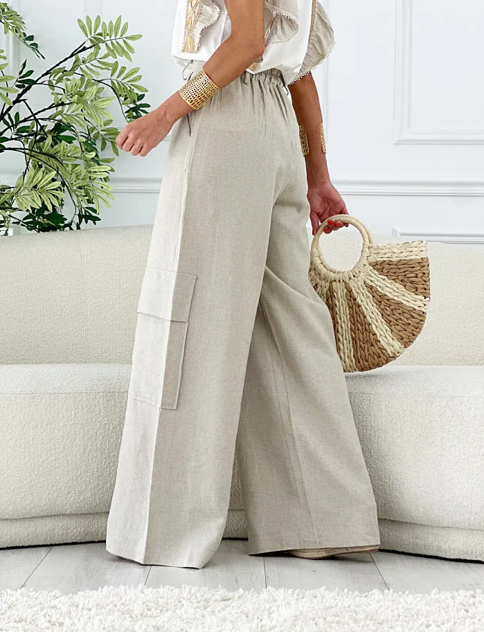 Pantalon cargo lino piedra