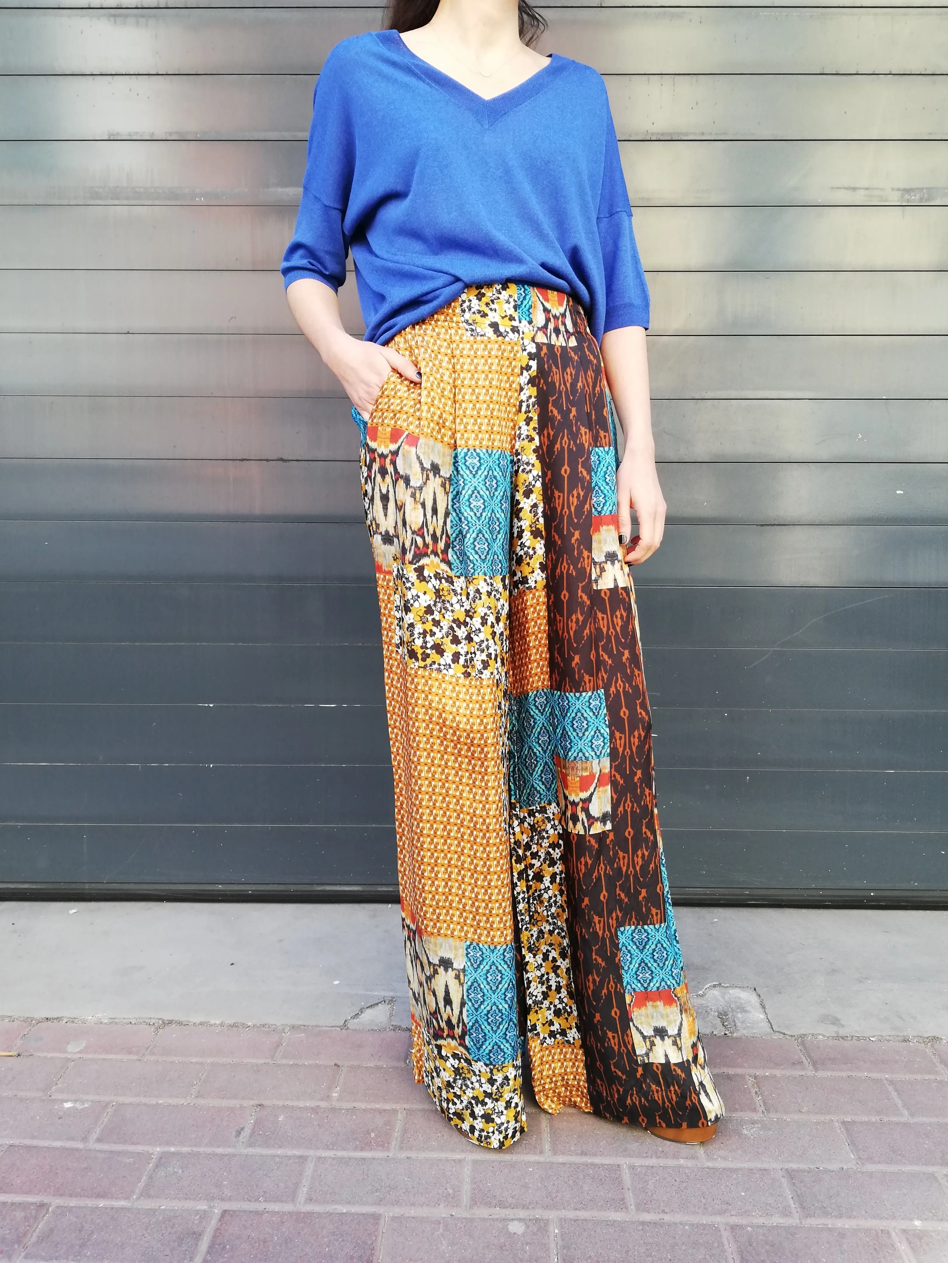 PANTALON FLUIDO PATCHWORK TEJA