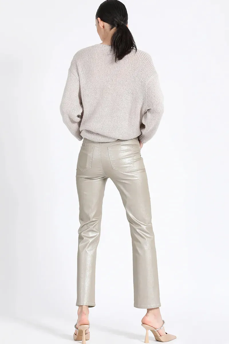 PANTALON PITILLO TIRO MEDIO, GABARDINA METALIZADA, BEIGE