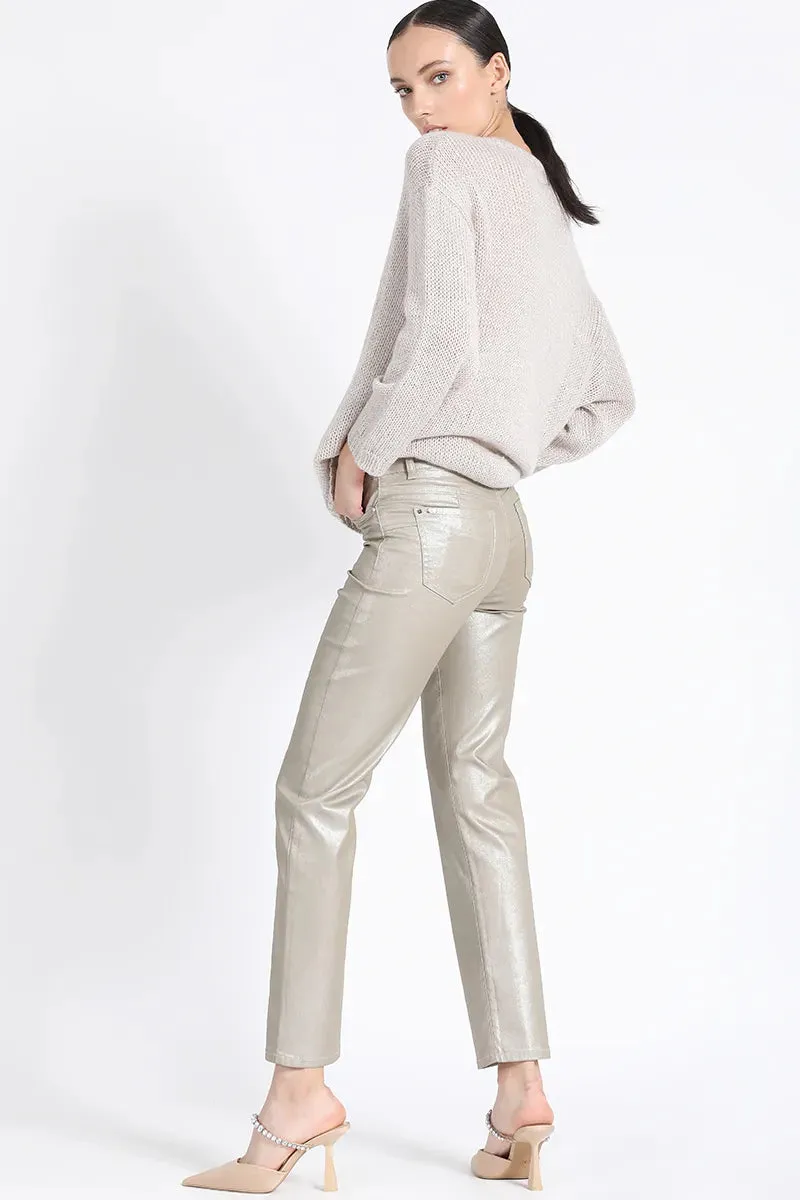 PANTALON PITILLO TIRO MEDIO, GABARDINA METALIZADA, BEIGE