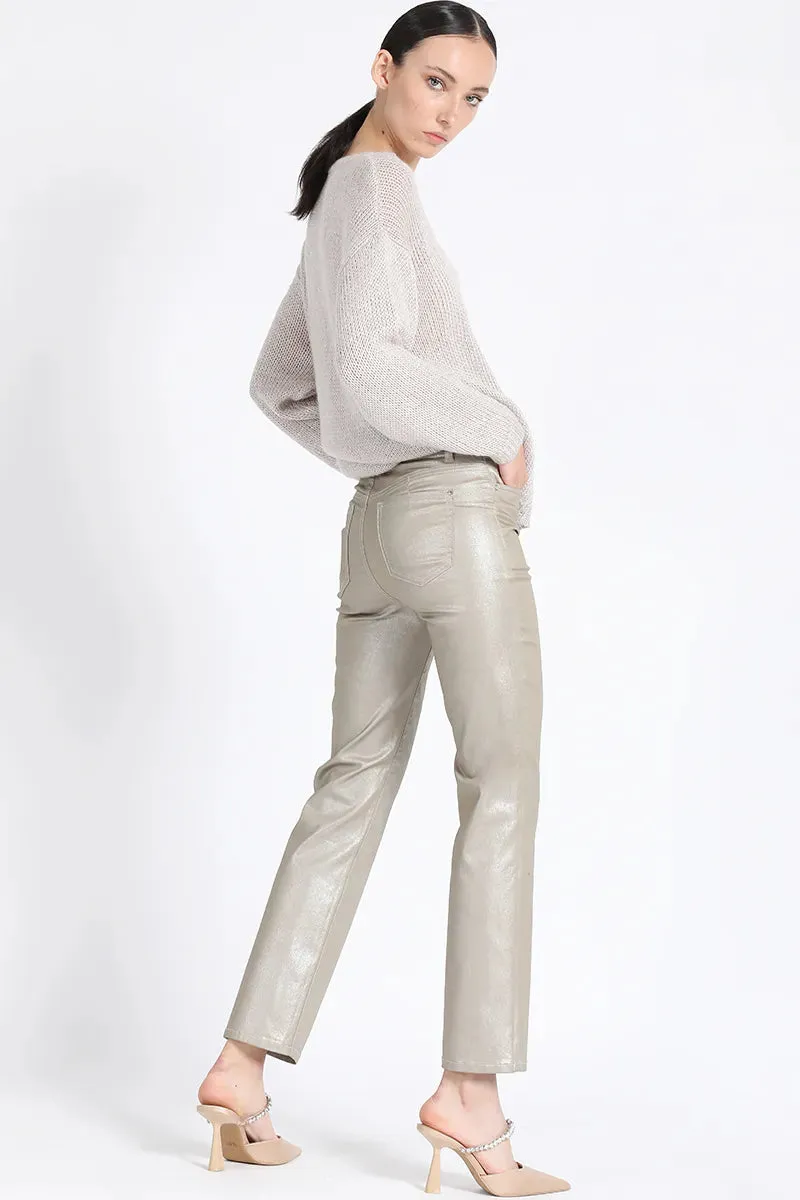 PANTALON PITILLO TIRO MEDIO, GABARDINA METALIZADA, BEIGE