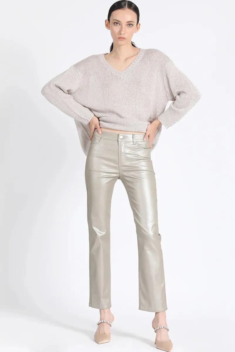 PANTALON PITILLO TIRO MEDIO, GABARDINA METALIZADA, BEIGE