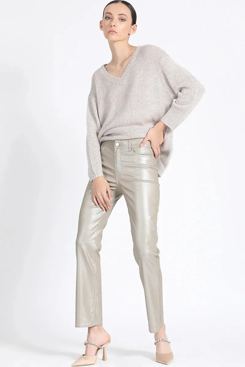 PANTALON PITILLO TIRO MEDIO, GABARDINA METALIZADA, BEIGE