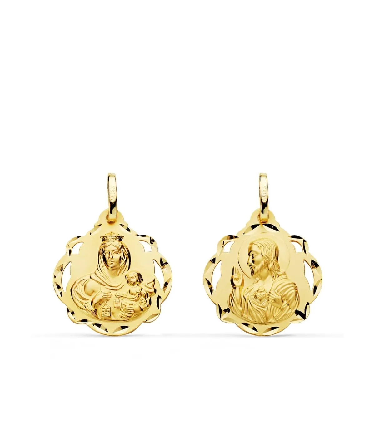 Scapulaire vierge du Carmel et Sacré Coeur Or 18 K 18 mm Entourée