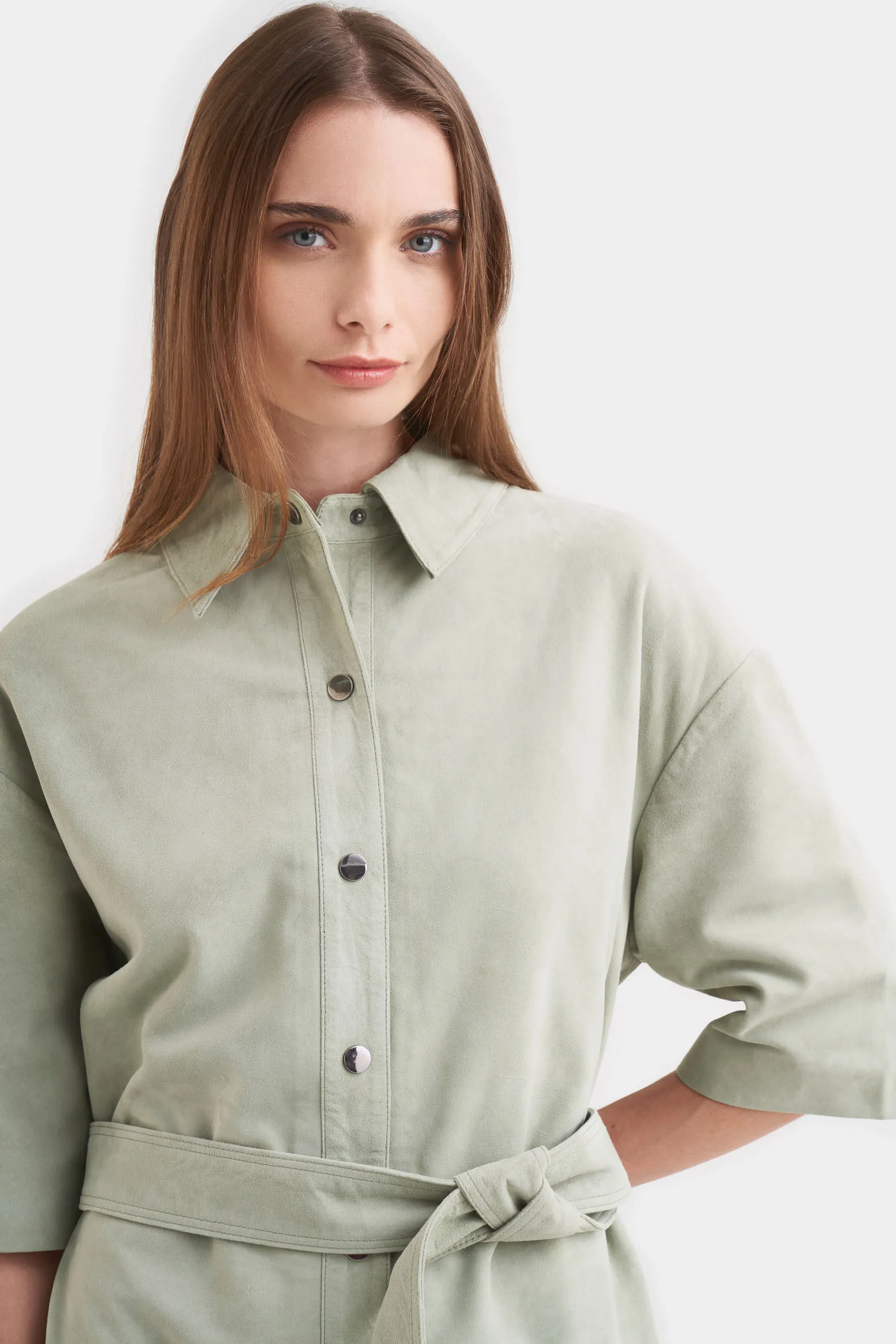 Vestido camisero neu de cuero gamuza para mujer perilla con broches