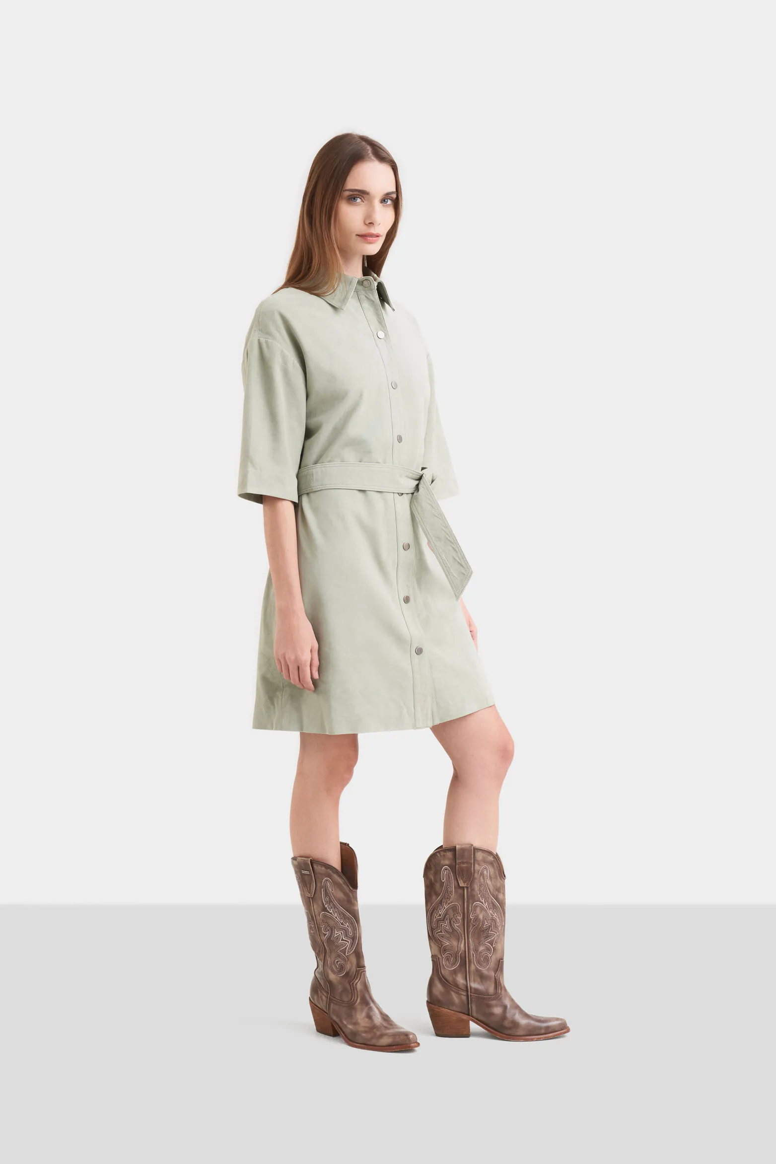 Vestido camisero neu de cuero gamuza para mujer perilla con broches