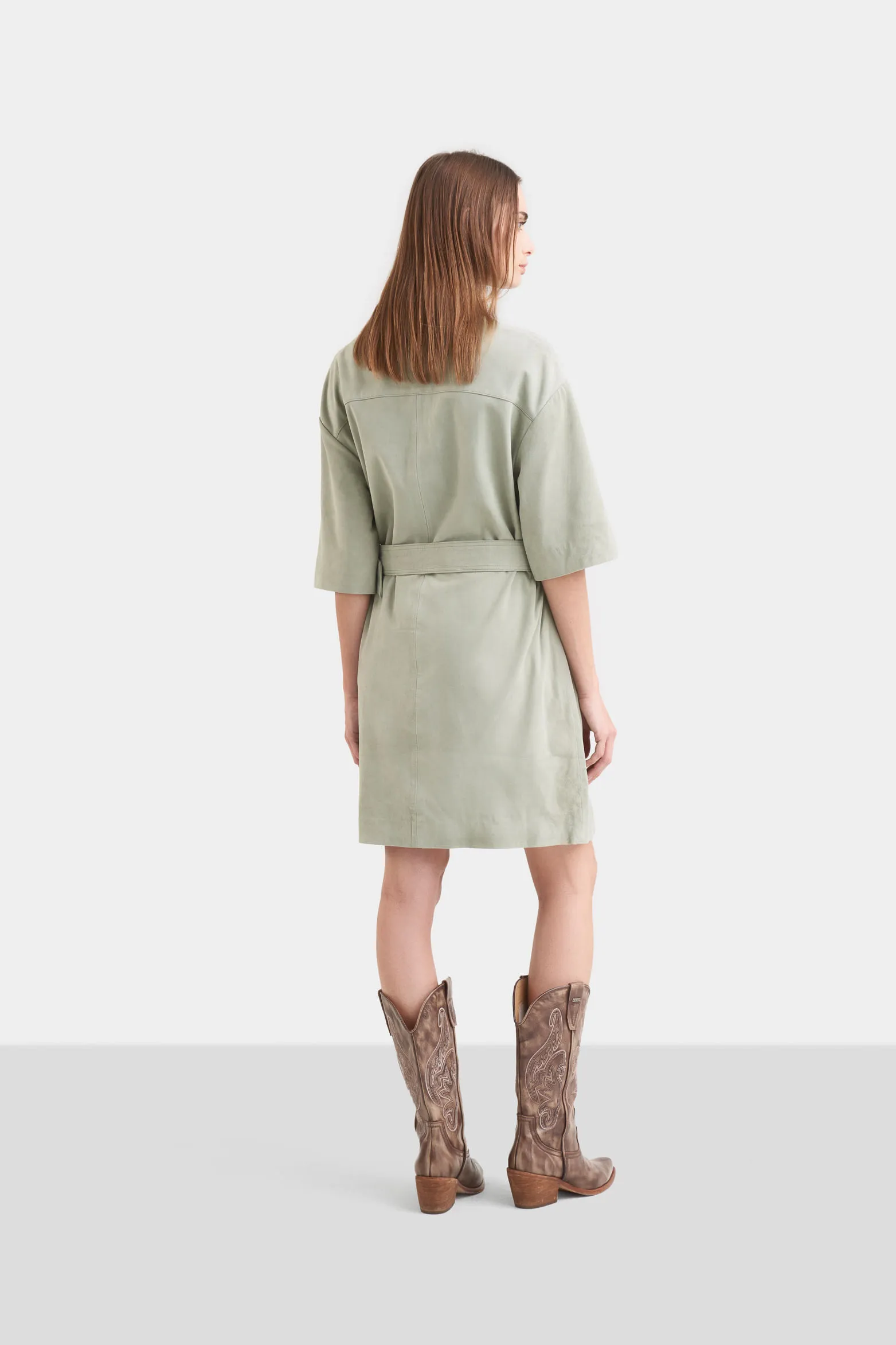 Vestido camisero neu de cuero gamuza para mujer perilla con broches