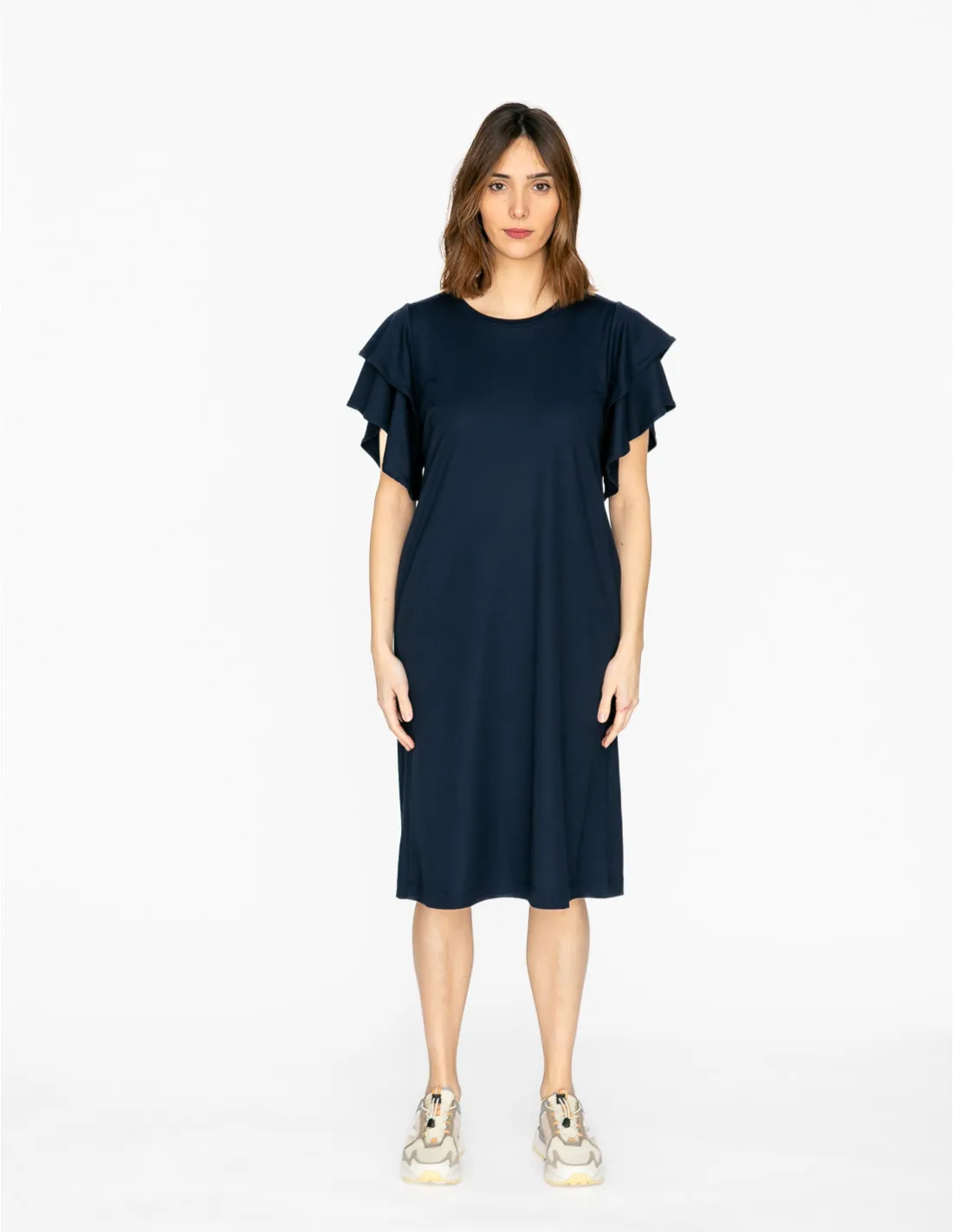 VESTIDO NAVY MANGA CORTA CON VOLANTES PAN