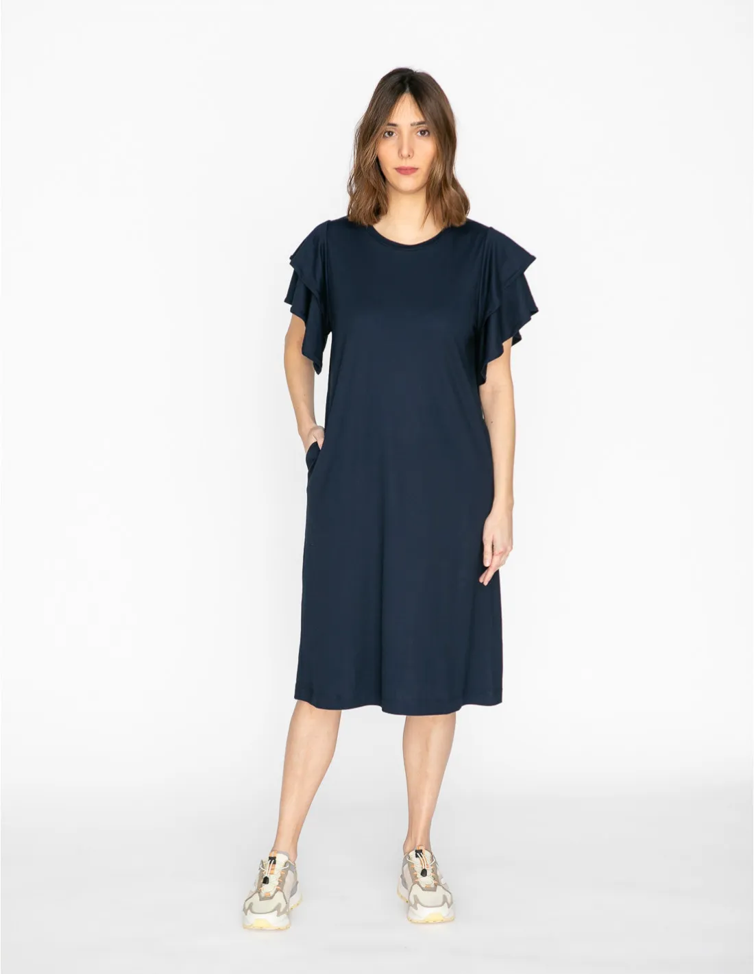 VESTIDO NAVY MANGA CORTA CON VOLANTES PAN