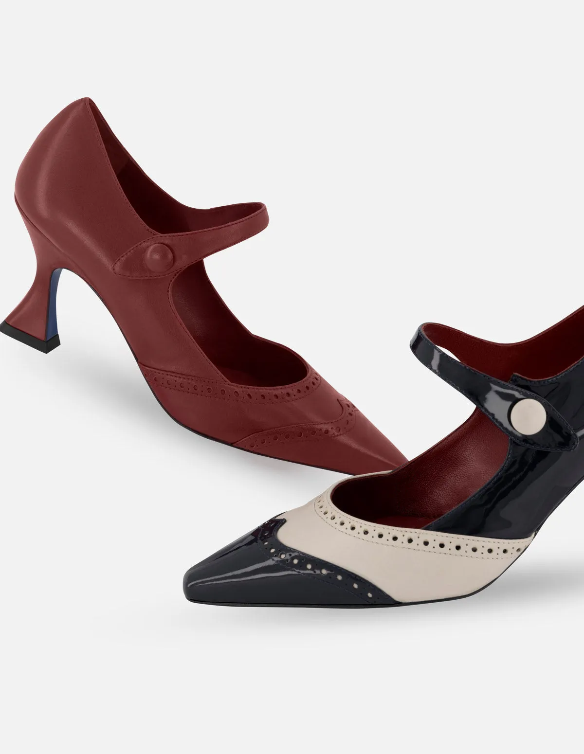 Zapatilla tipo salón de tacon medio con picado en punta de piel charol para mujer.